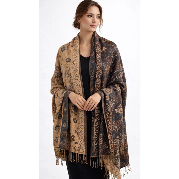 100% Cashmere Double Sided Scarf Shawl Floral Fringe All Season Wrap - Picture 2 of 16